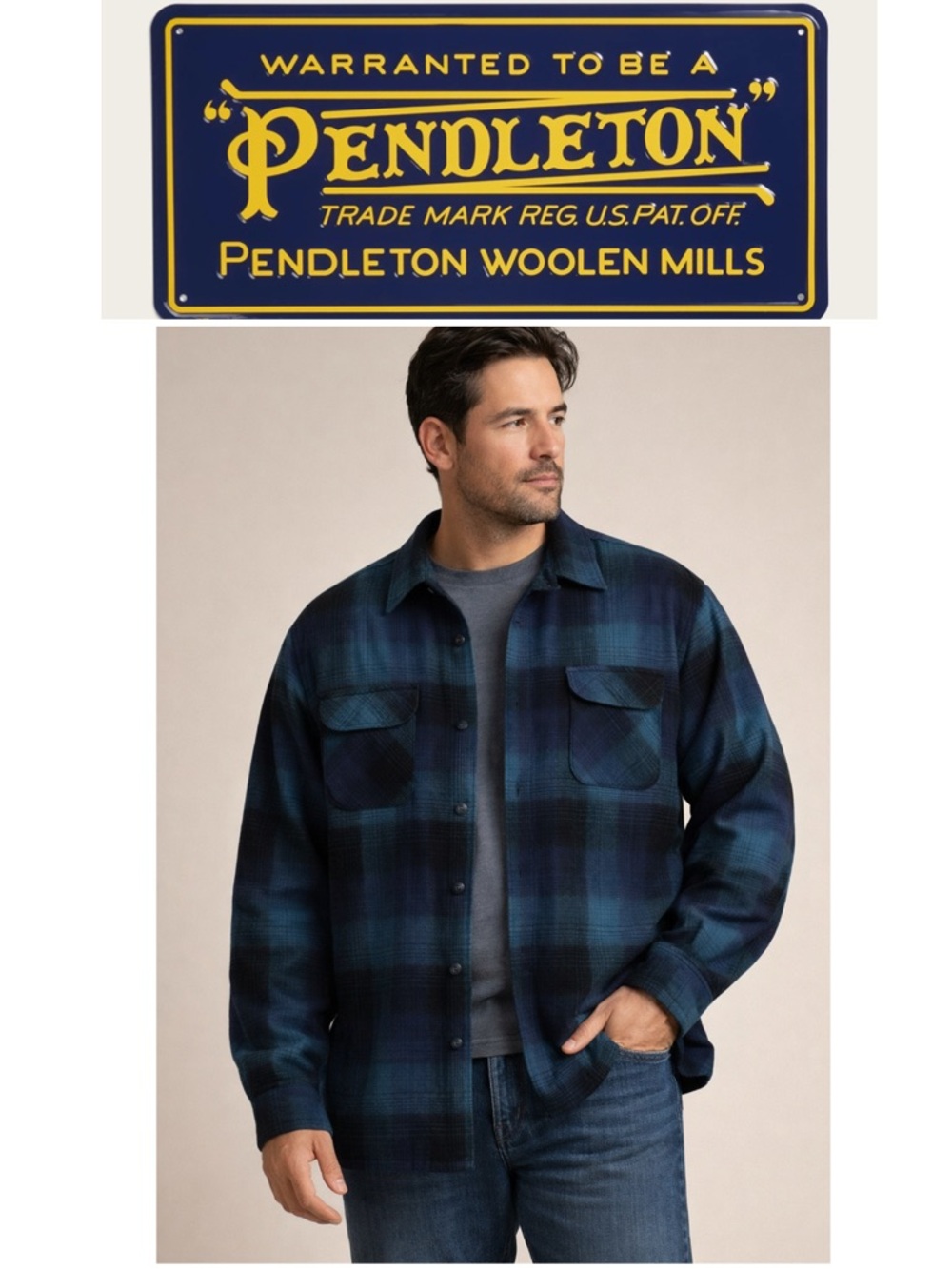 Pendleton Navy and Black Plaid Wool Board Blend Shirt Jacket